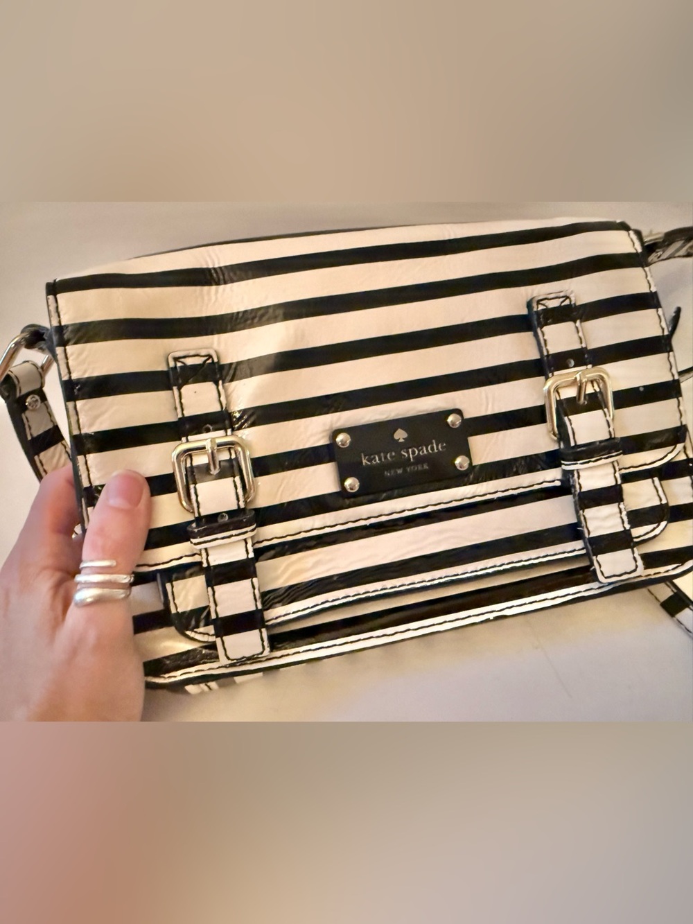 Kate Spade Patent Leather Black & Off-White Striped Crossbody Purse